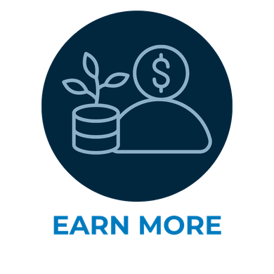 Blue icon of coin stack, sprouting plant, and money symbol above “EARN MORE” text