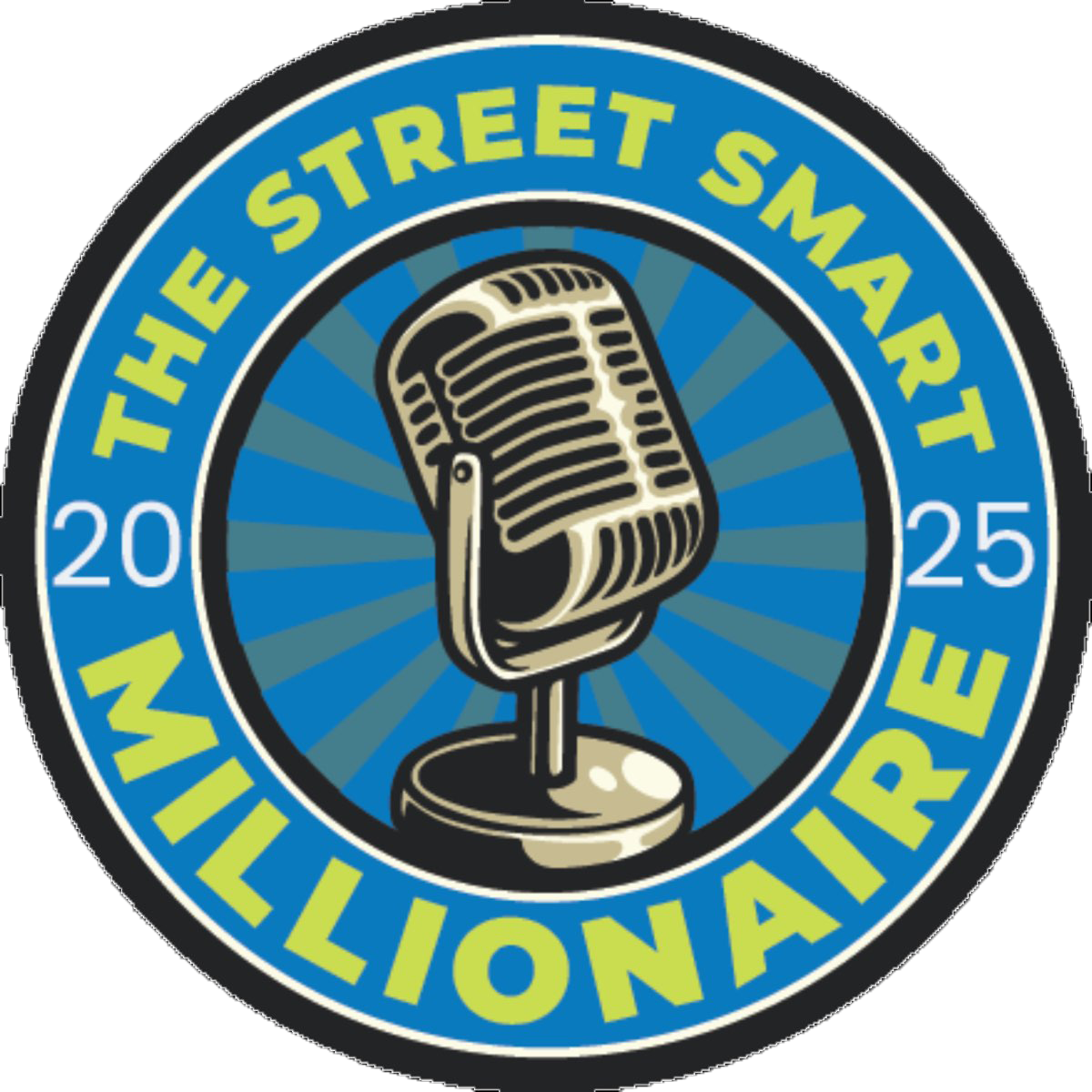 The Street Smart Millionaire 2025 logo with a vintage microphone on a blue burst background