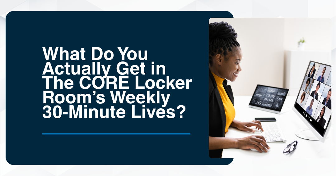 Professional woman participating in The CORE Locker Room's weekly 30-minute live session on her laptop.