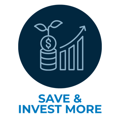 Blue icon of plant growing from coin stack beside rising bar chart, with “SAVE & INVEST MORE” text.