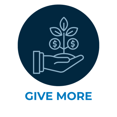 Blue donation icon with hand holding a plant growing coin leaves above the words “GIVE MORE”
