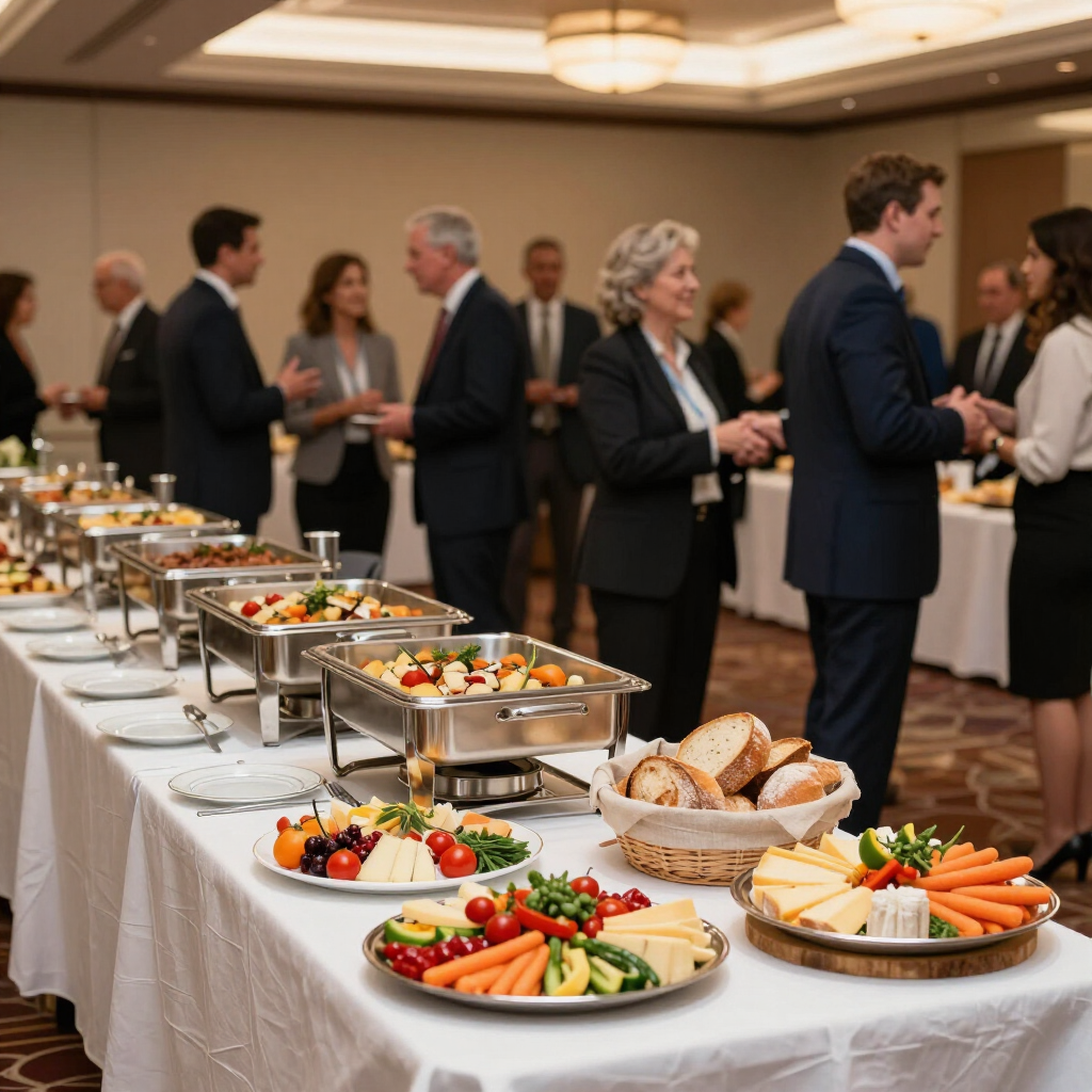 Buffet table with trays of food at a formal networking event with guests mingling in the background