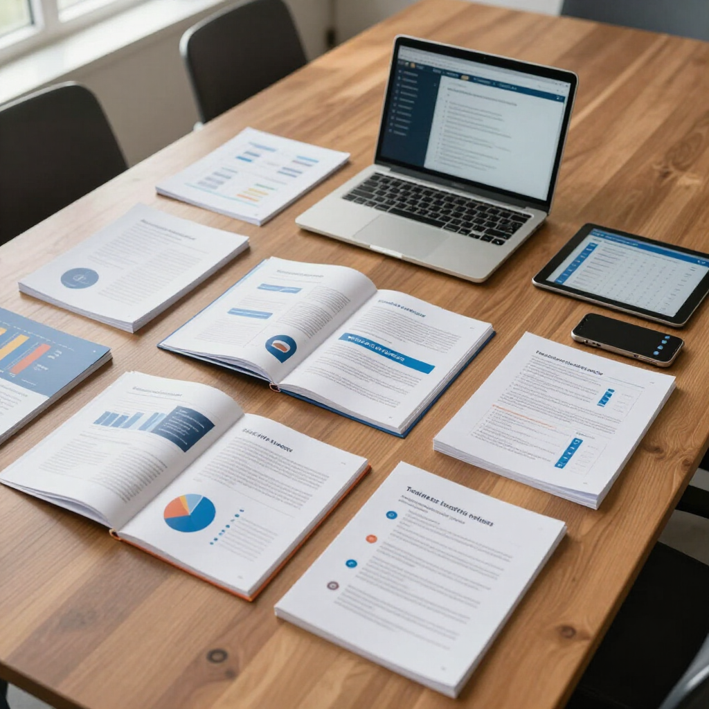 Workspace desk with laptop, tablet, notebooks, and printed charts spread across a wooden table