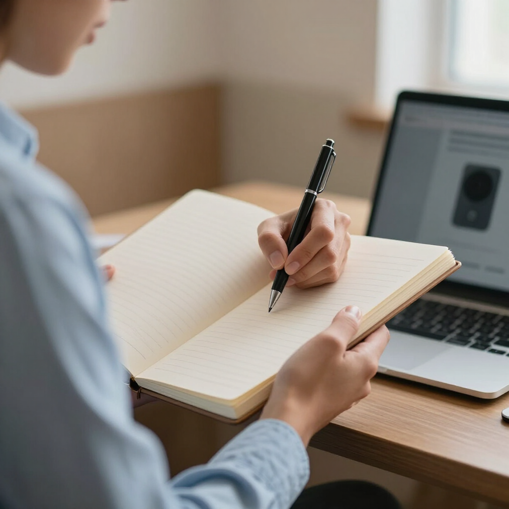 Person writing in a notebook beside a laptop on a desk