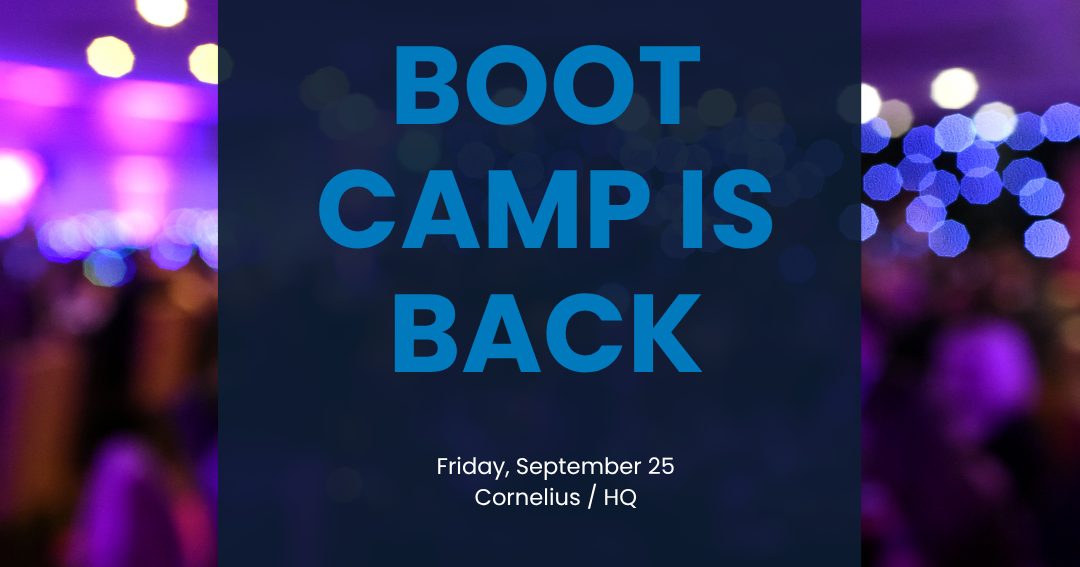Boot Camp Is Back event graphic with blurred crowd lights, Friday September 25, Cornelius HQ