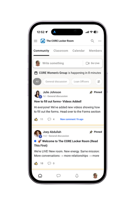 Mobile social feed screen with several posts and profile icons on a white background