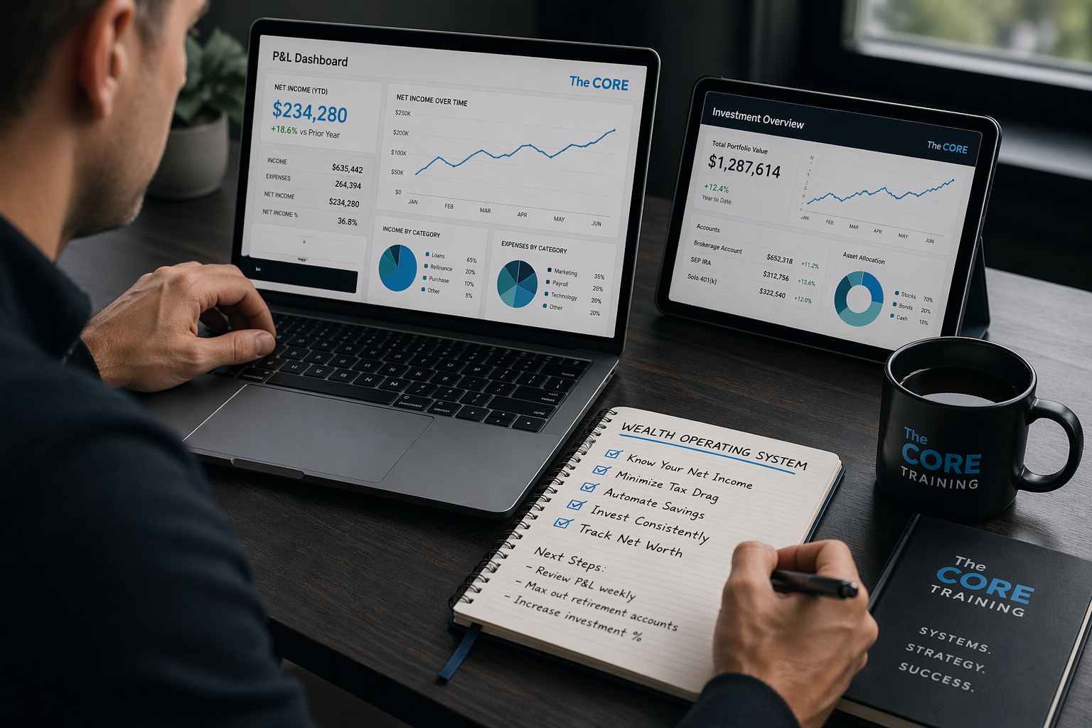 Person reviewing analytics dashboards on a laptop, tablet, and phone at a desk with a coffee mug