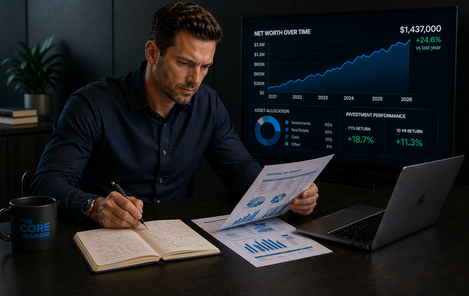Man reviewing financial charts at a desk with laptop, notebook, and papers in a dark office with growth graph on screen
