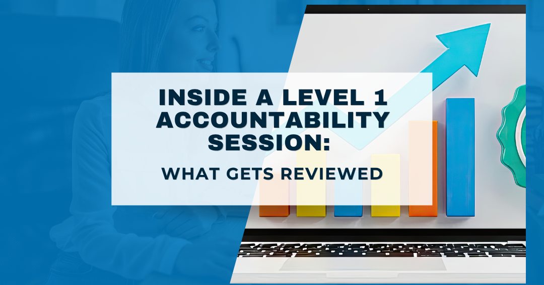 Inside a Level 1 Accountability Session at The CORE — laptop screen with rising bar chart and upward