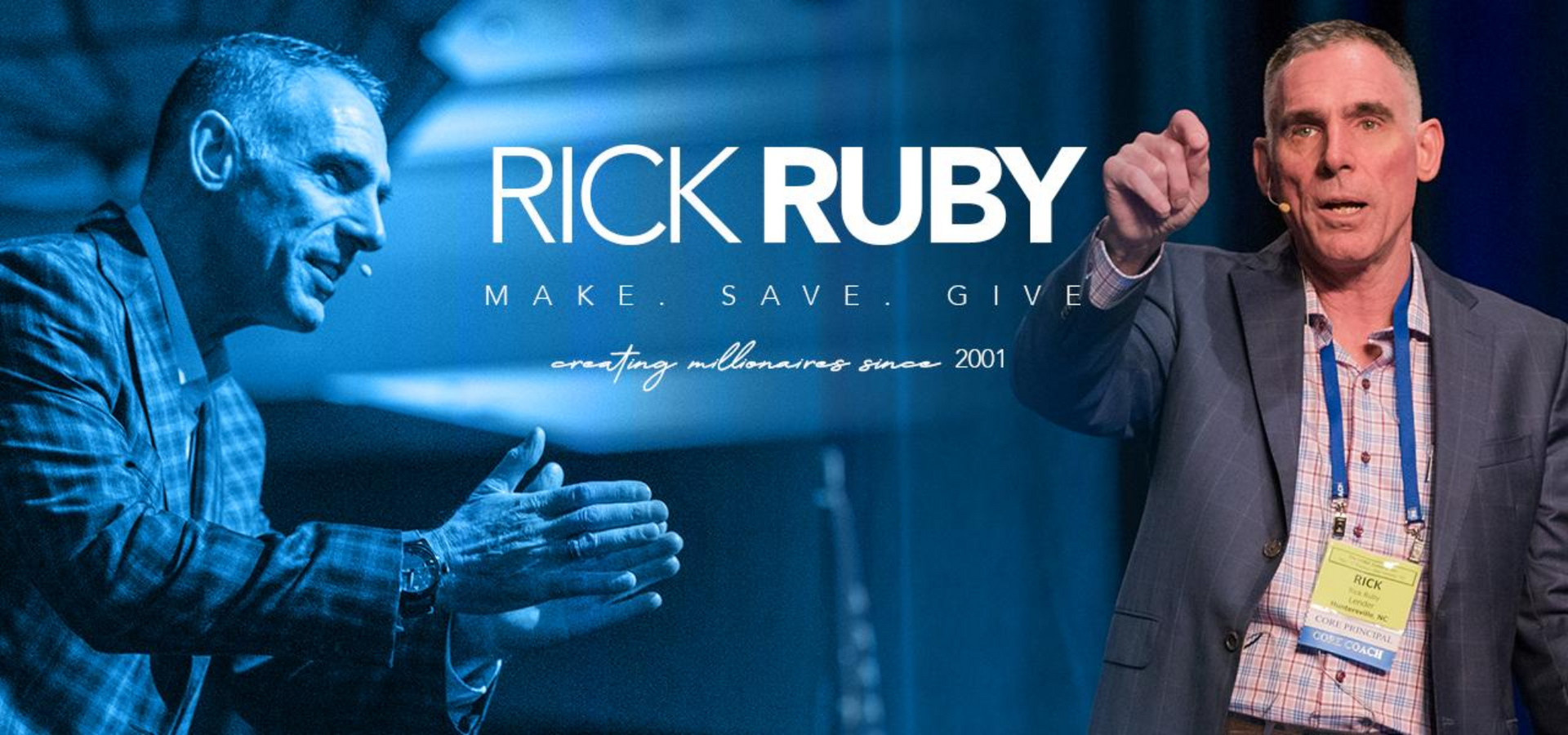 Rick Ruby speaking on a blue stage banner, clapping beside his portrait and name.