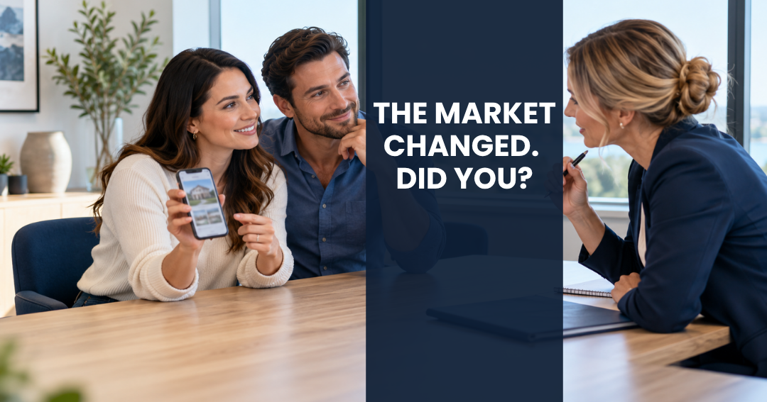 Couple showing a home listing on a phone to a real estate agent during a meeting