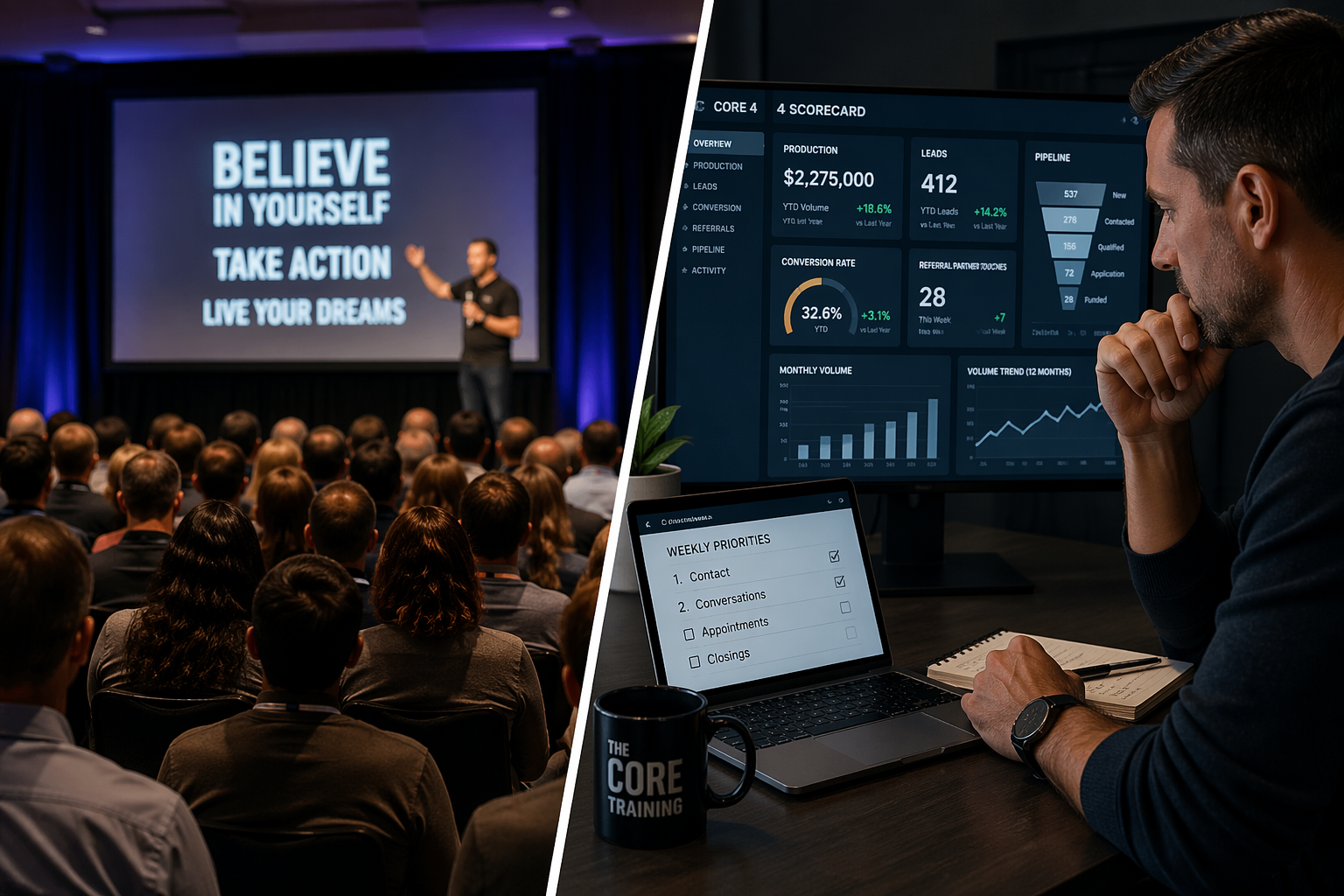 Split scene: a motivational speaker on stage beside a man analyzing financial dashboards at a desk