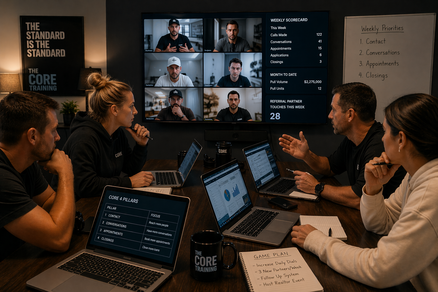 Team meeting in a dark conference room with laptops and a large screen showing video call participants.