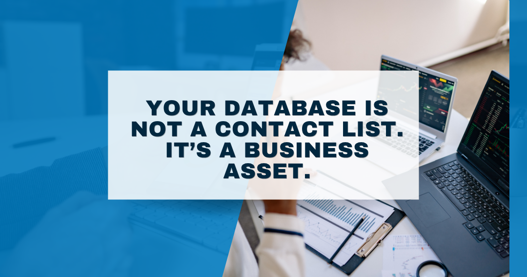 Desk with laptops and charts, text: Your Database Is a Business Asset
