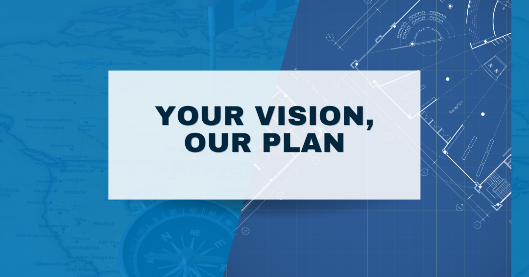 Map and compass beside an architectural blueprint, representing vision and planning at The CORE