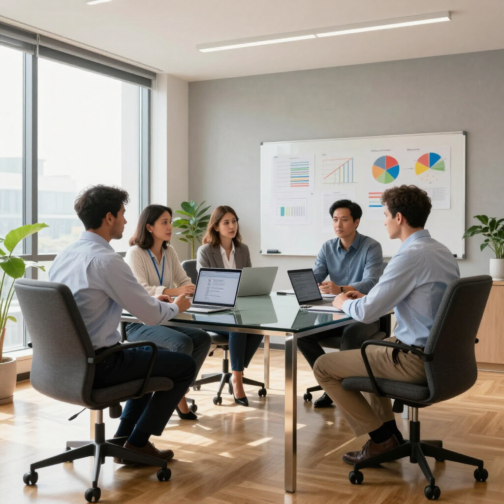 Team meeting in a bright conference room with laptops and a wall chart display