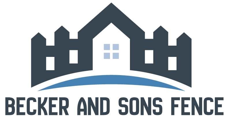 Becker and Sons Fence logo with a dark gray fence and house icon over blue wave lines.