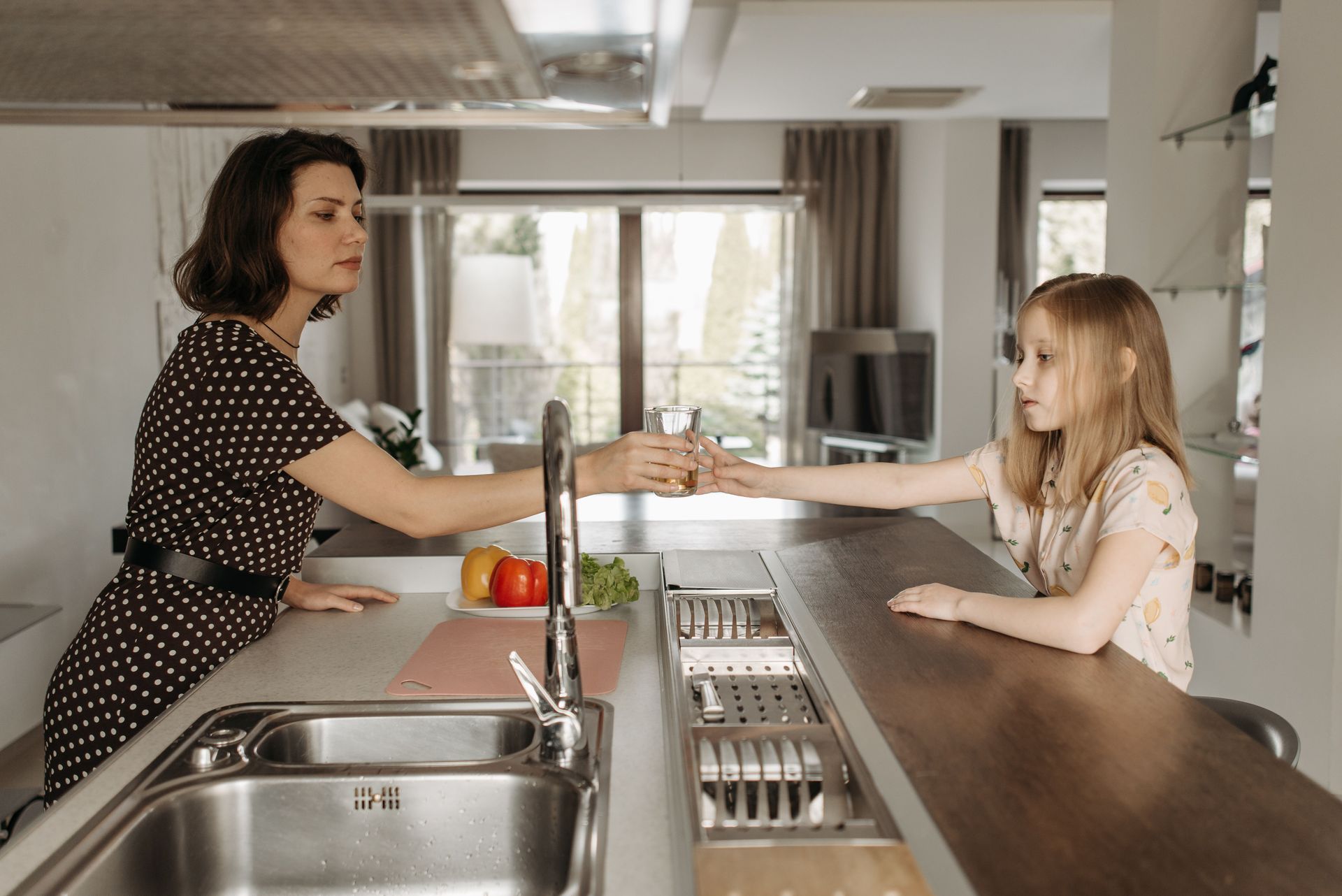 Woman and young girl reaching toward each other across a kitchen counter