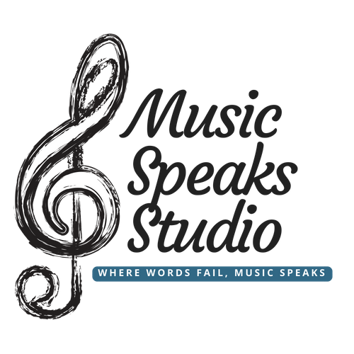 A logo for music speaks studio with a treble clef