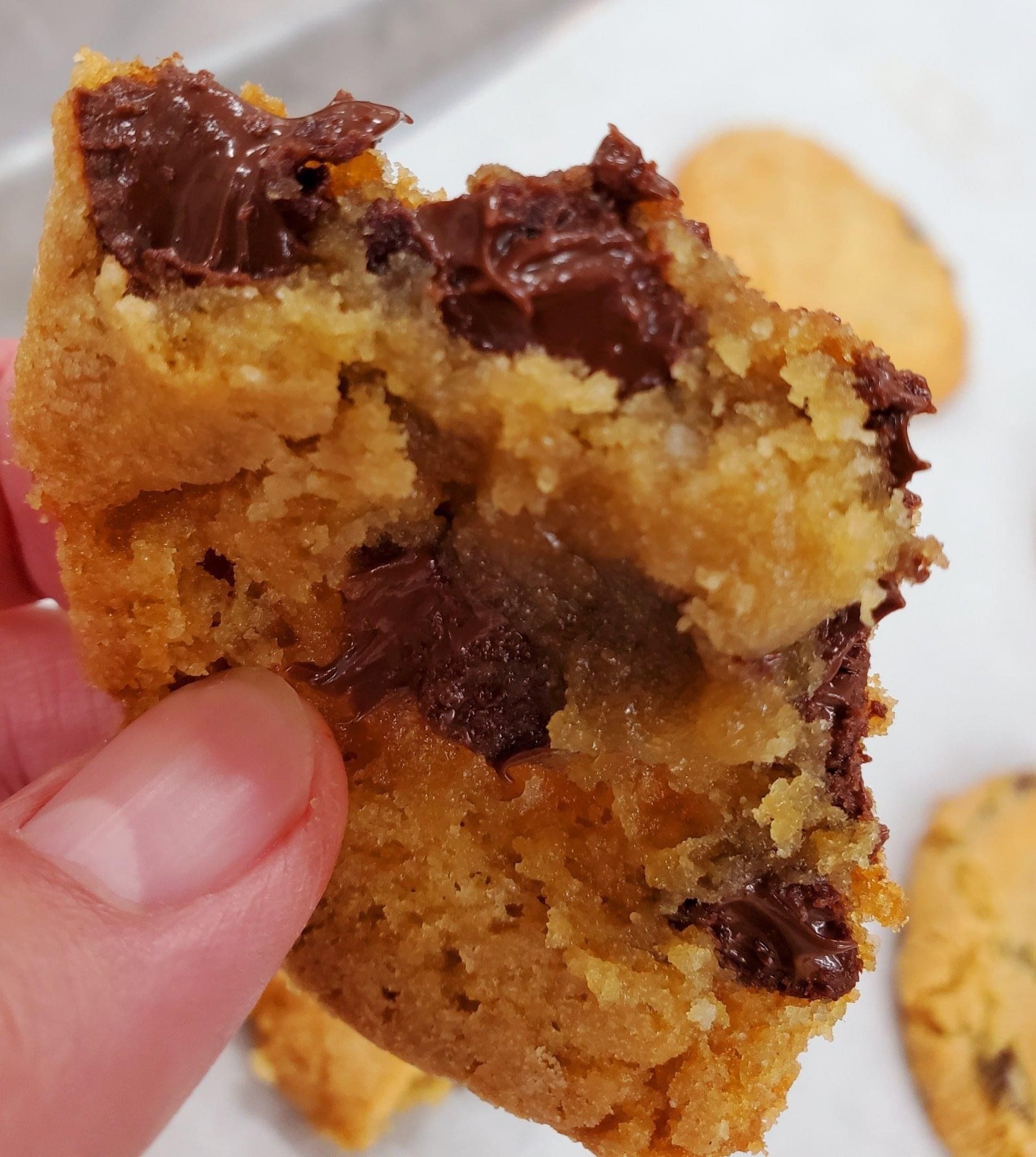 A person is holding a cookie with a bite taken out of it.