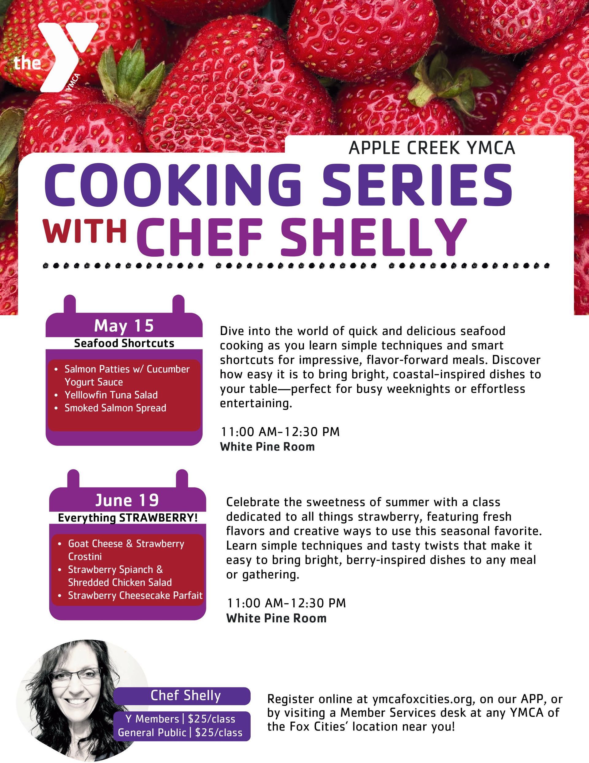 Cooking series flyer with Chef Shelly, May and June dates, YMCA logo.