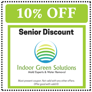 Green coupon for 10% off senior discount from Indoor Green Solutions with logo and terms text