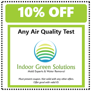 10% off coupon for any air quality test from Indoor Green Solutions, green and white design