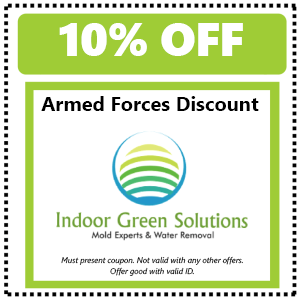 10% off armed forces discount poster for Indoor Green Solutions with green logo and white background