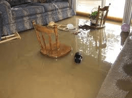 Flooded living room with muddy water, overturned chair, and couch in the background
