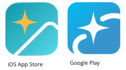 App store and Google Play icons on blue app tiles, indicating download options