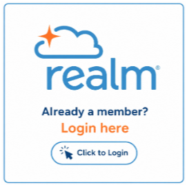 Realm login button with cloud logo and text “Already a member? Login here.”