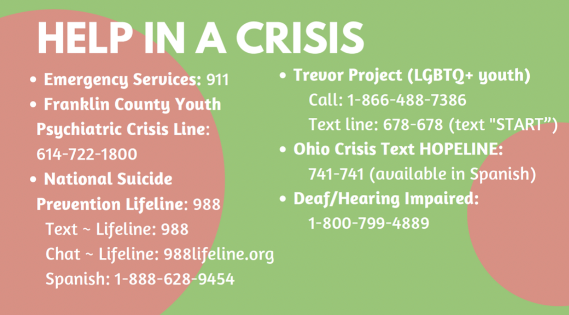 Green crisis help poster listing emergency, youth, suicide, and addiction hotline numbers in white text
