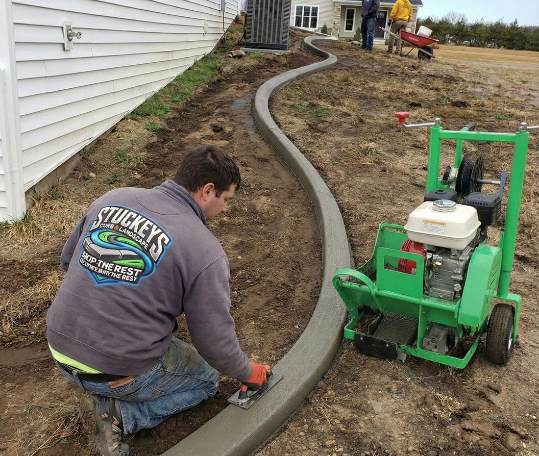 A worker uses a hand trowel to smooth a freshly poured, curved concrete landscape border next to a machine.