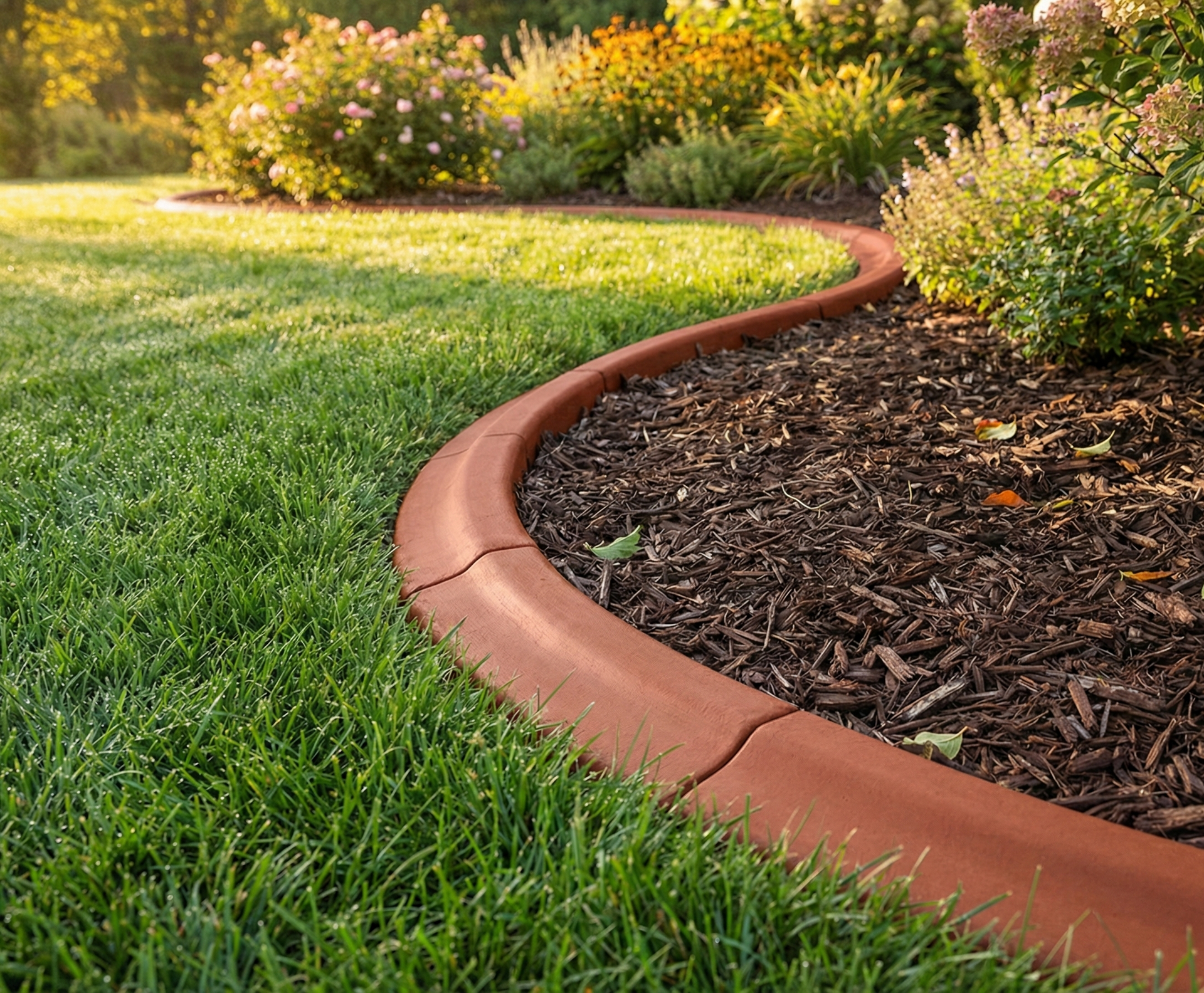 Curved terracotta-colored landscape edging separating a green lawn from a garden bed filled with dark wood mulch.