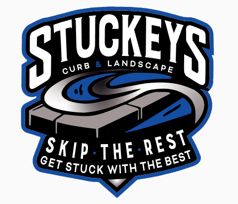 Logo for Stuckeys Curb & Landscape featuring a blue and silver emblem with the text 