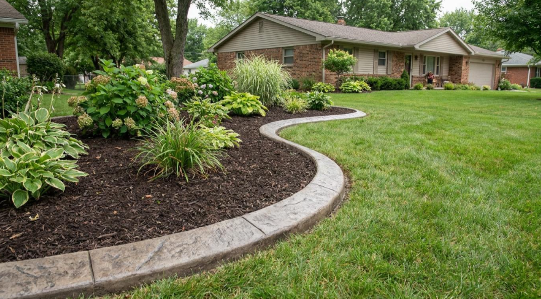 Curved stone border edging a mulched garden bed beside a green lawn in front of a house