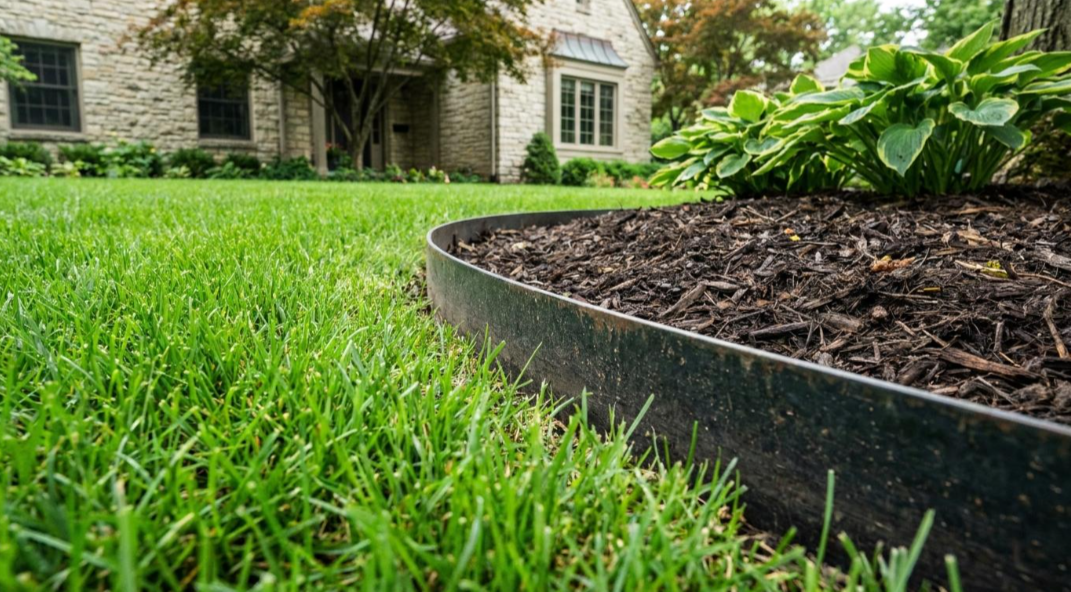 Curved garden bed edging beside lush green grass and a house in the background