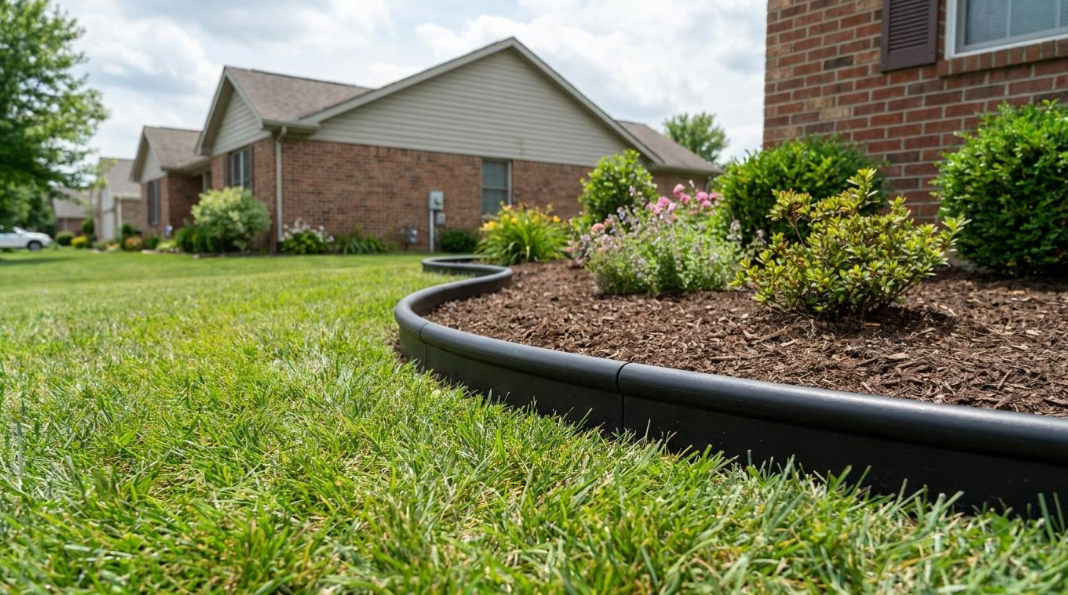 Brick suburban houses with a manicured lawn and landscaped flower bed under a cloudy sky