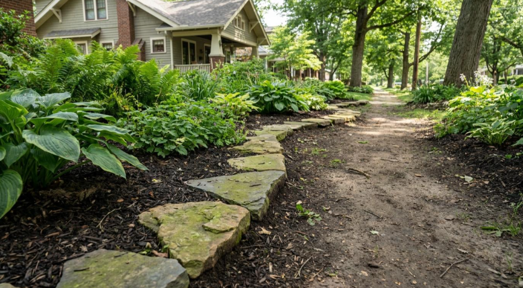 Garden path beside a house, lined with lush green plants and stone edging