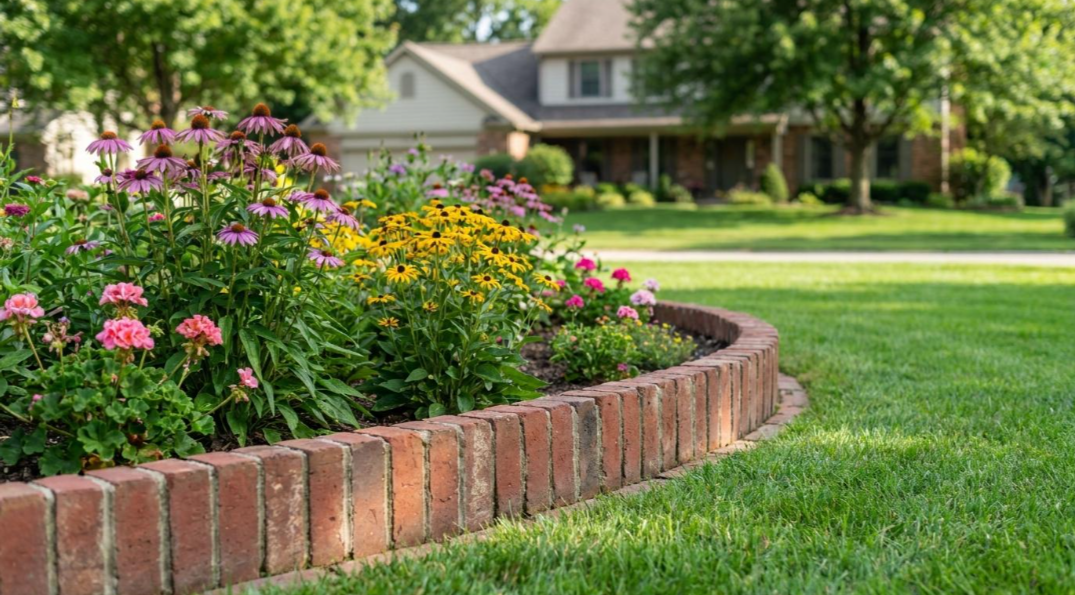 Curved brick flower bed with pink and yellow blooms in a green suburban yard, house in the background