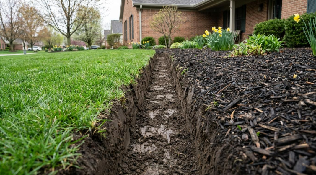 Freshly dug trench beside a green lawn next to a brick house with mulch and plants