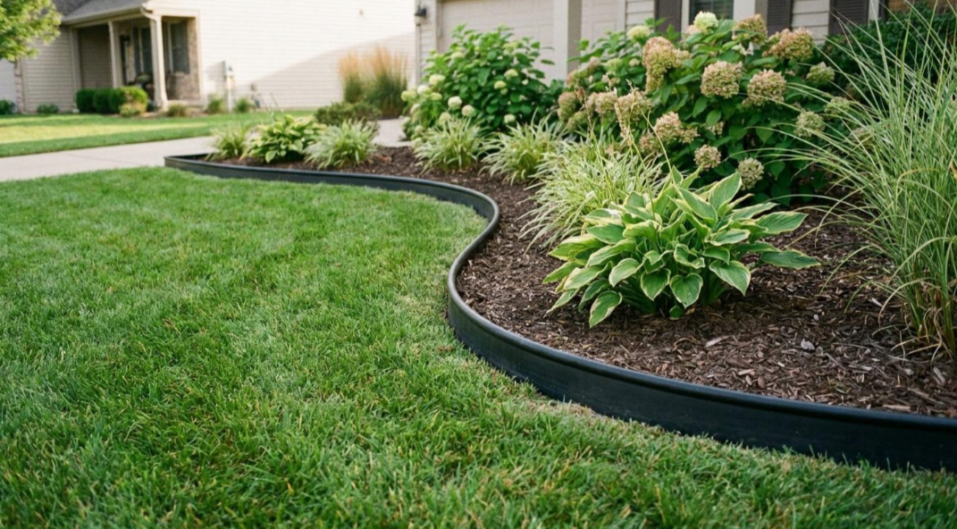 Curved flower bed with mulch and green shrubs edging a neatly mowed lawn by a house
