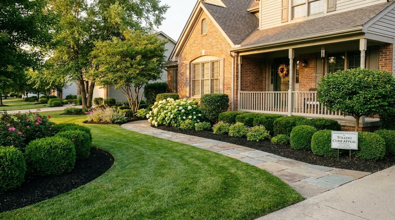 Landscaped suburban home with curved lawn, shrubs, stone walkway, and front porch in warm evening light