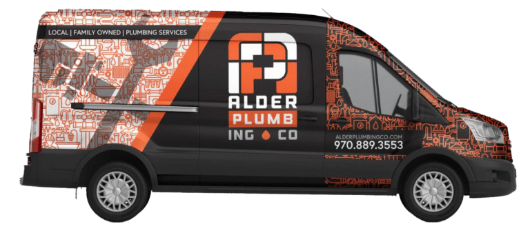 Black plumber van with orange and white logo, 