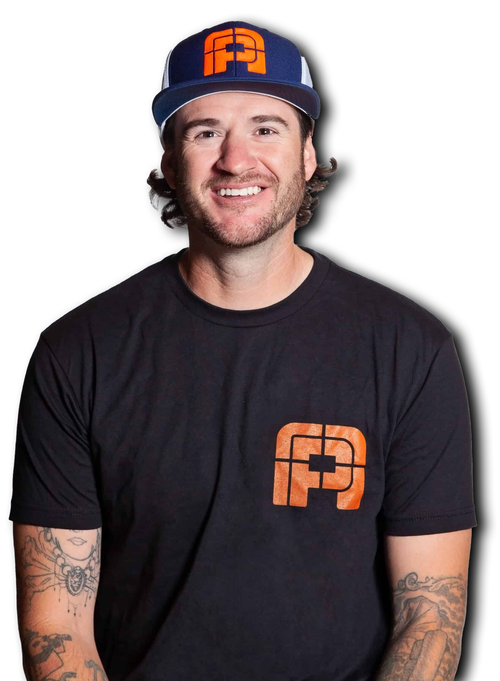 Man wearing a baseball cap and a black t-shirt with a logo, smiling.