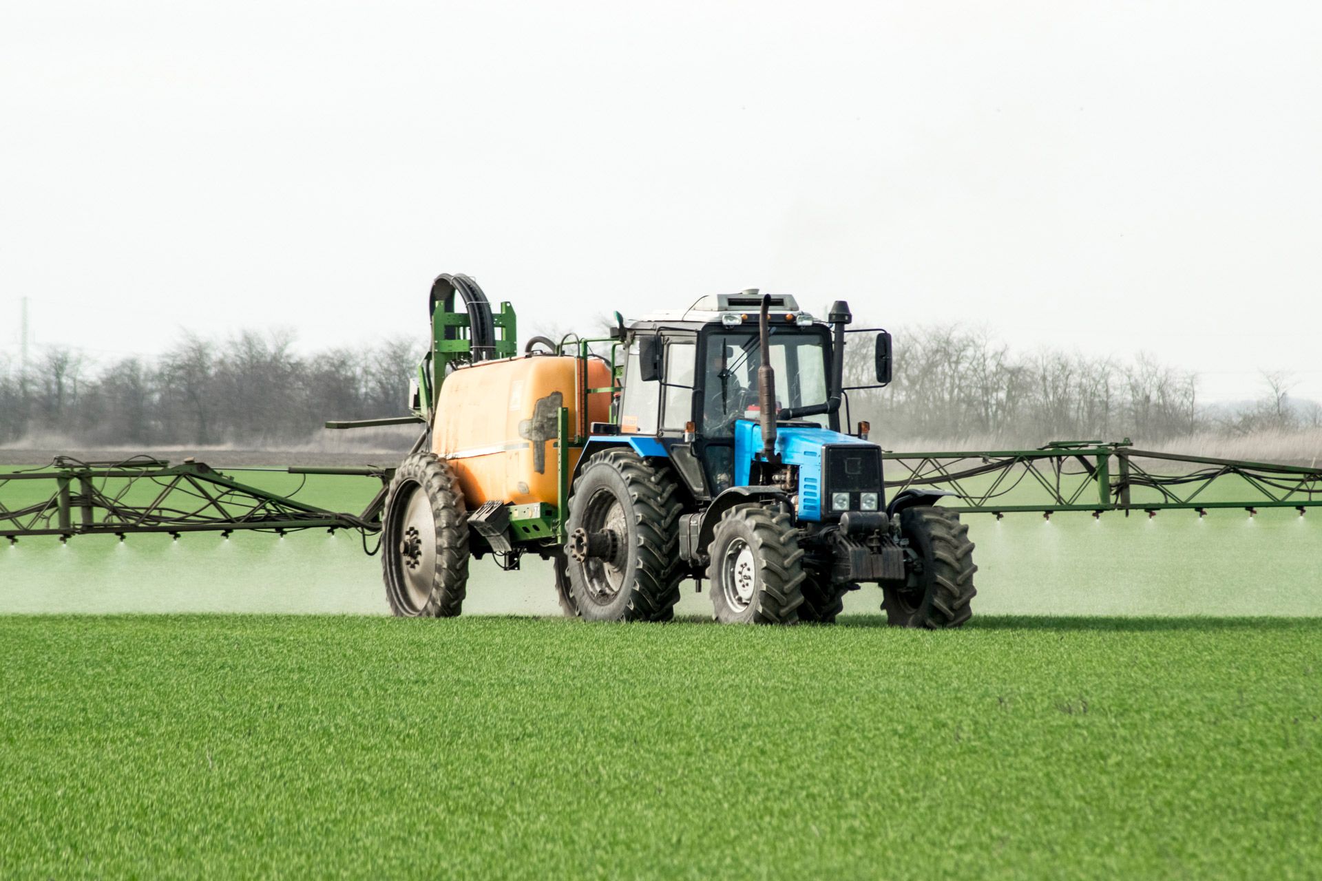 A blue tractor is spraying fertilizer on a green field A blue tractor is spraying fertilizer on a green field