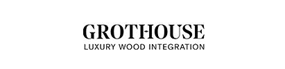 A logo for grothouse luxury wood integration on a white background.