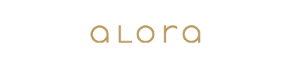 The word alora is written in gold on a white background.