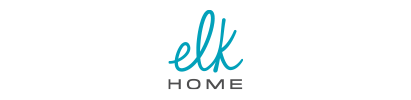 A blue logo for elk home on a white background.