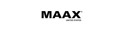 A black and white logo for maax united states